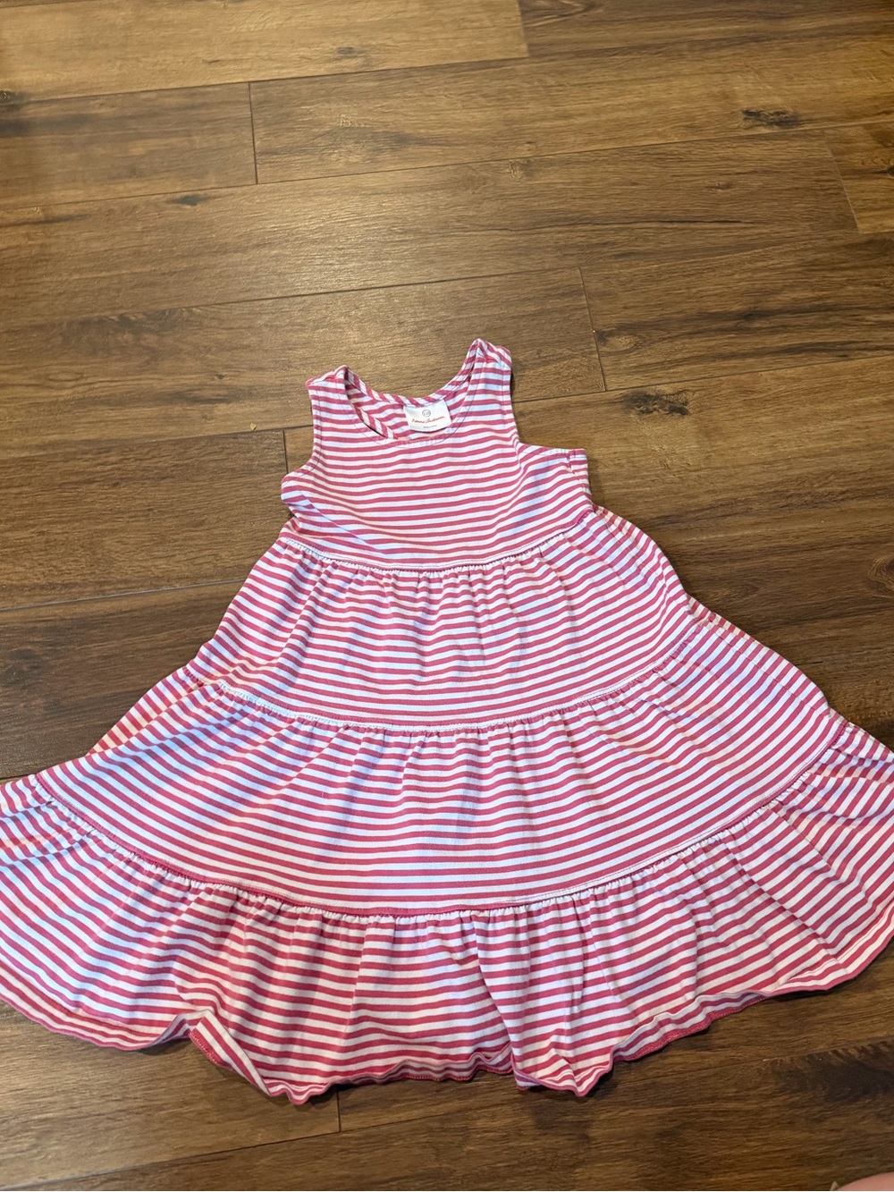 Hanna Andersson Pink and White Striped Tiered Sleeveless Dress